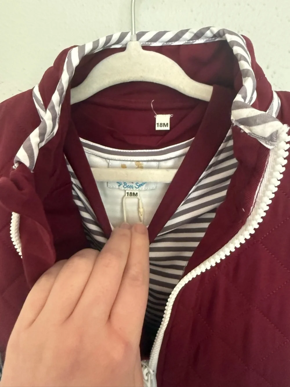 Busy Bee Smocks Quilted Burgundy Vest with Gray & White Striped Sleeves